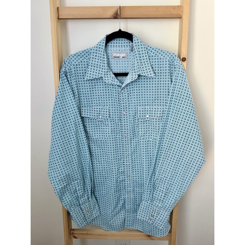 WRANGLER WRANCHER SHIRT AQUA BLUE GEOMETRIC PEARL SNAP MENS Large (B4) - Picture 1 of 8